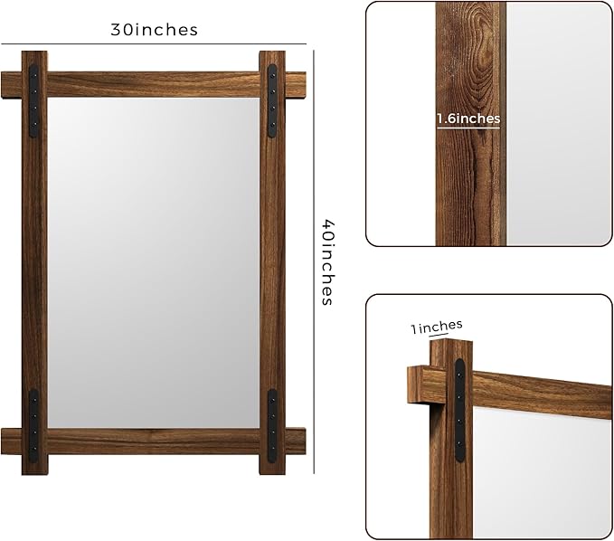 YOSHOOT Farmhouse Wood Bathroom Mirror, 40"x30" Rustic Wall Mirror, Round Corner Vanity Mirror for Decor, Vertical or Horizontal Hanging, Selected Wood, 100% Handmade