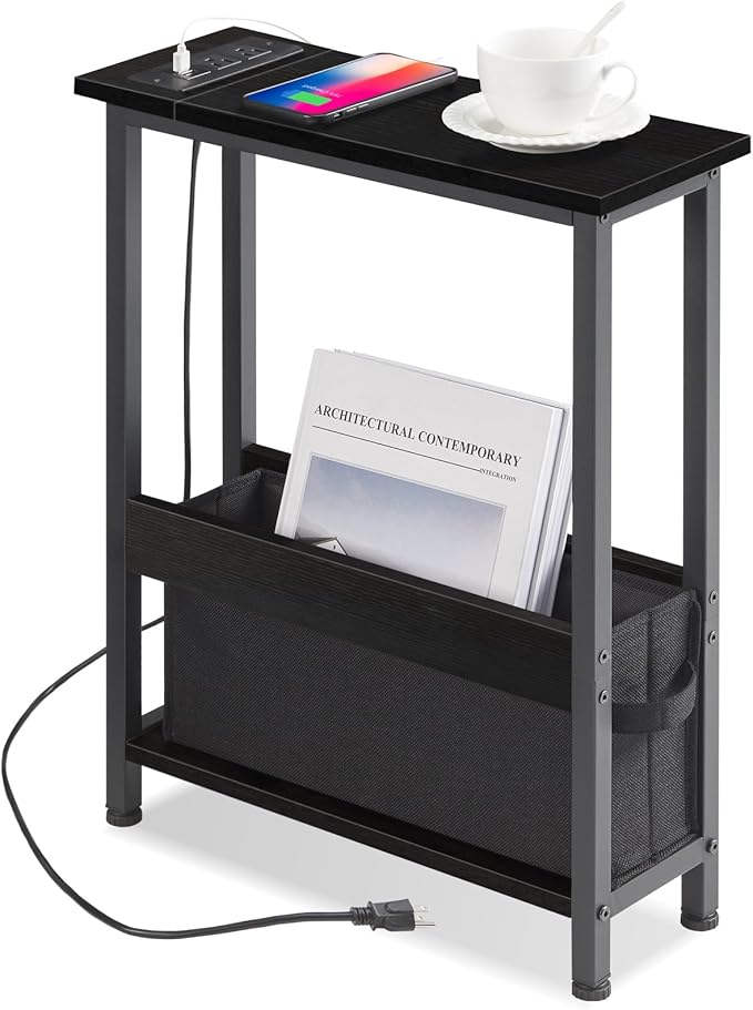 Slim Charging End Table with Storage - for Small Spaces and Bedroom (Black)