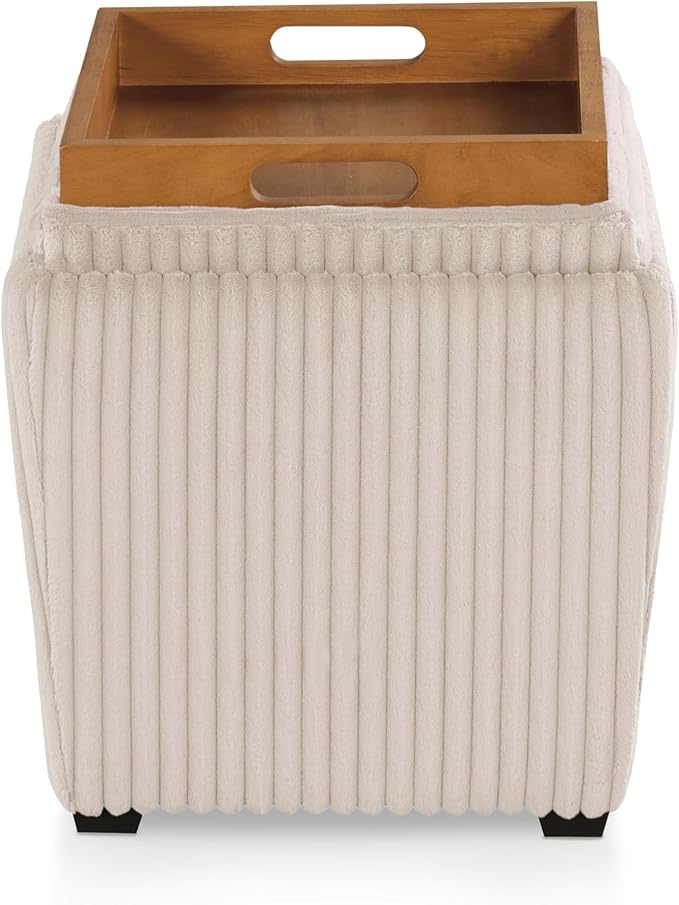 Furniture of America Lennox Modern Chenille 17-inch Square Storage Ottoman with Reversible Tray Top, Upholstered Footstool for Living Room, Bedroom, Entryway, Beige Pink