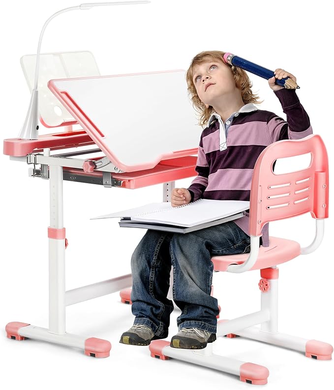 Rengue Kids Desk and Chair Set Height Adjustable Children School Study Desk and Chair with 55° Tiltable Desktop, 3 Mode & Brightness LED Lamps, Storage Drawer & Metal Hook for Boys Girls Gifts (Pink)