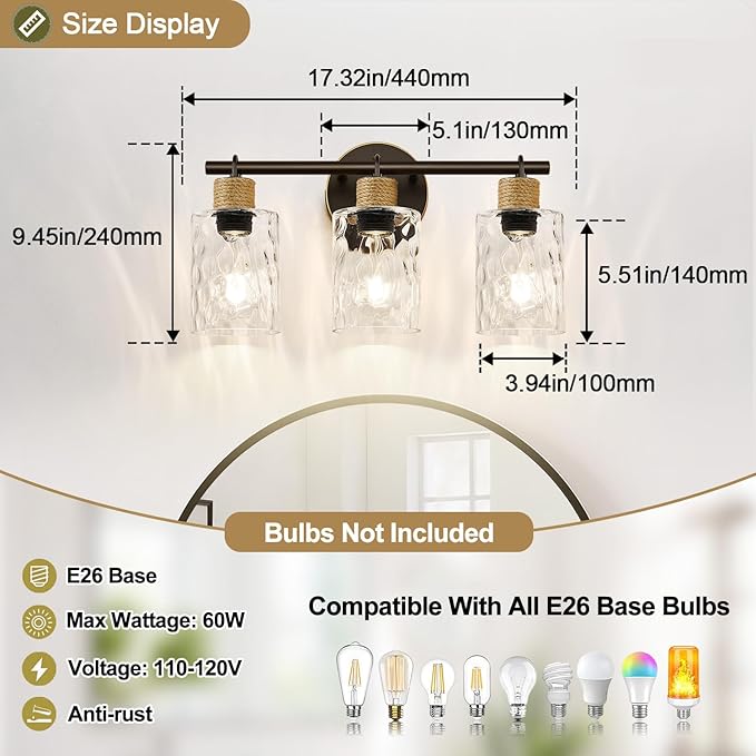 2025 Upgrade Bathroom Light Fixtures, 3-Light Coastal Vanity Lights with Crystal Glass Shade, Oil-Rubbed Bronze Bathroom Wall Lamp for Mirror Kitchen Hallway Cabinet