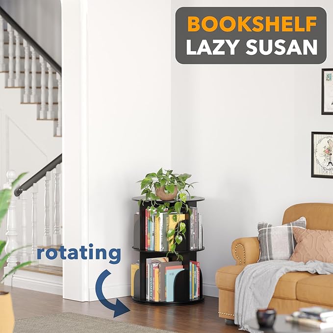 SpaceAid 2 Tier Rotating Bookshelf Tower, Spinning Bookcase Lazy Susan, Revolving 360 Book Shelf Storage Round Carousel, Vertical Rotate Turning Spiral Corner Organizer, Black