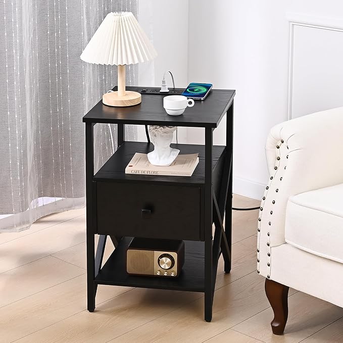 End Table with Wireless Charging Station, Black Side Tables Living Room with Outlet, End Table with Wood Drawer, Night Stand with Storage for Bedroom, Bedside Tables