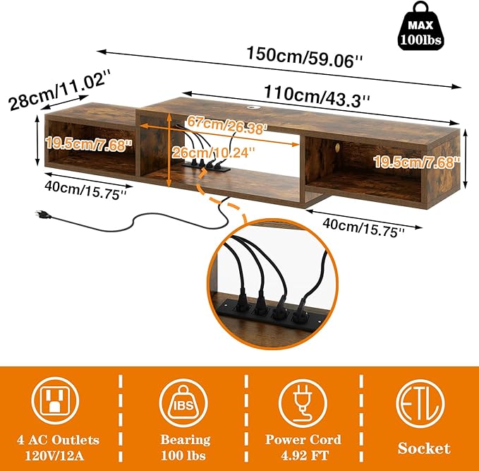IBUYKE 59" Floating TV Stand Wall Mounted with Power Outlet,Wood Wall Mounted Media Console Shelf,Floating Entertainment Center for Under TV Storage for Living Room Bedroom Office,Rustic Brown WST007H