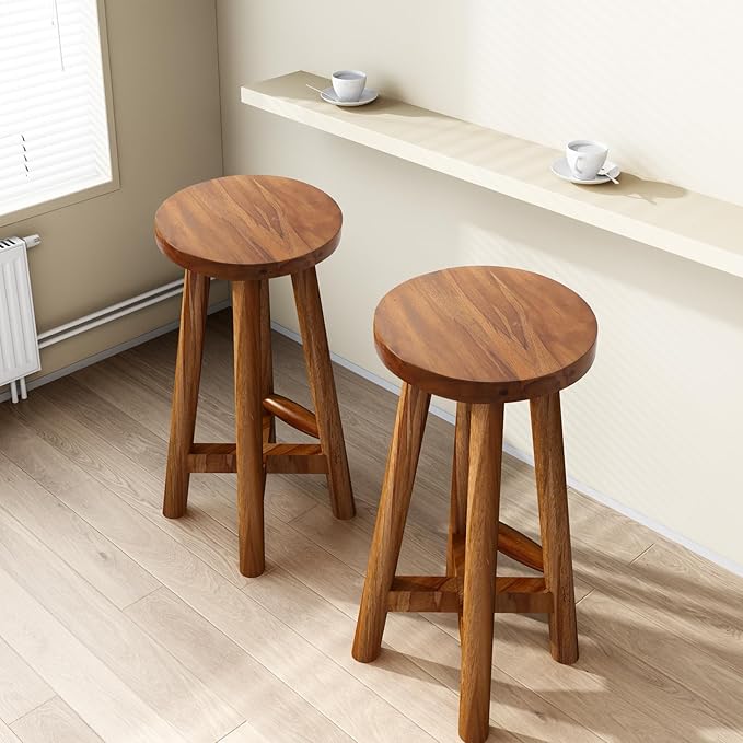 Solid Teak Wood Barstool with Round Seat for Kitchen Counter, Home Bar Furniture, 24-Inch Height