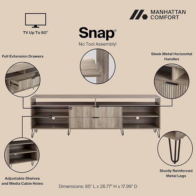 Manhattan Comfort Dumbo Mid Century Modern TV Stand for Televisions up to 80 Inches, Home Entertainment Center with Storage, 6 Shelves, 2 Drawers, No Tool Assembly, 85" Wide, Golden Brown