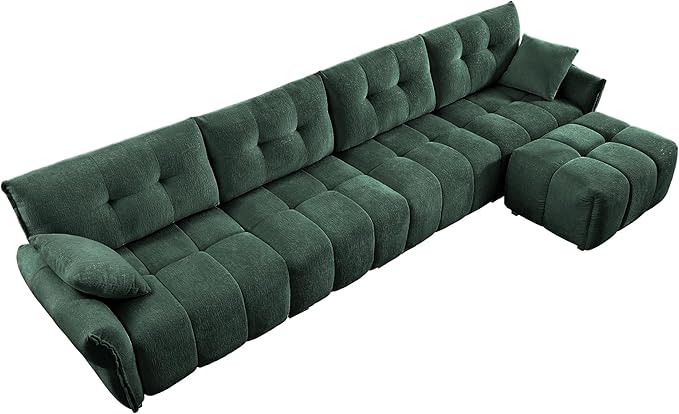 Modern Chenille Fabric 4-Seat Sofa w/Ottoman+2 Pillows, Premium Upholstery Living Room Couch with Tufted Backrest & Comfortable Armrests and High-Resilience Memory Foam Cushions,Green