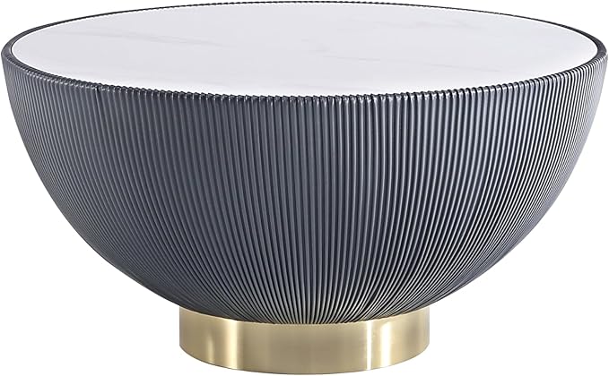 Manhattan Comfort Anderson Modern 28.15" Round Coffee Table 2.0 - Ceramic Marble Tabletop, Elegant Pleated Leatherette Details & Gold Base, Fully Assembled Accent Furniture, Set of 1, Grey
