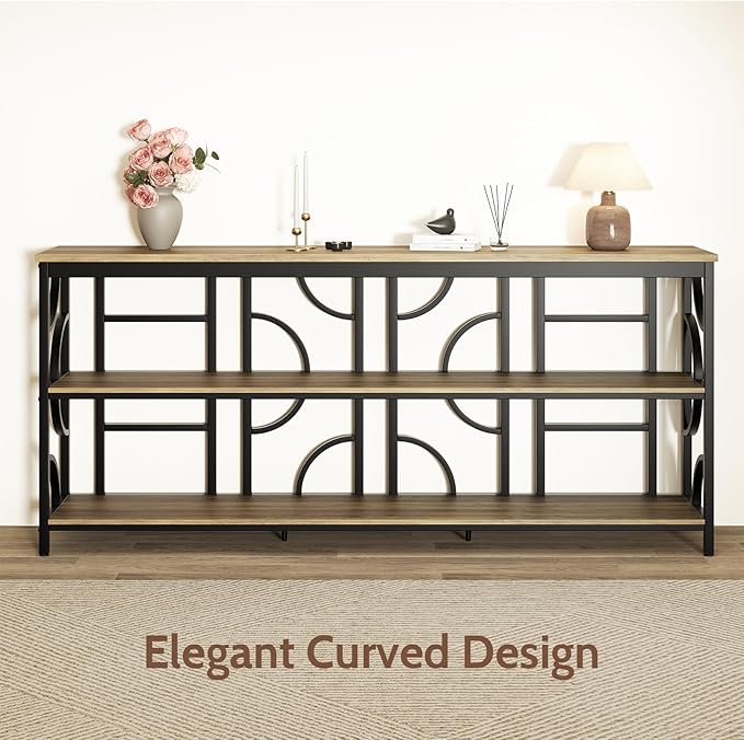 70.9-Inch Industrial Sofa Table, Extra Long Console Table Behind Couch with 3-Tier Storage Shelves, Rustic Brown Finish for Entryway, Living Room, Foyer, Hallway, and Office