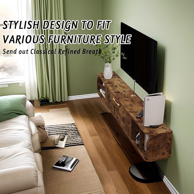 Floating TV Unit, 67'' Wall Mounted TV Cabinet, Floating Shelves with 4 Cabinets, Wooden Entertainment Media Console Center Large Storage TV Bench for Living Room & Office (Rustic Brown)