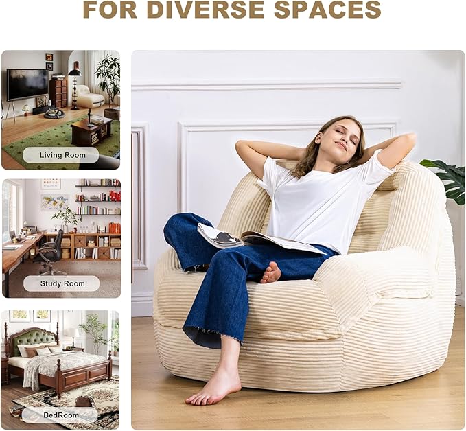 Giant Bean Bag Chair with Armrests - Oversized Cozy Seating for Adults, Corduroy Fabric & High - Density Foam Filling, Ideal Lounge for Living Room, Bedroom & Gaming Room (White)