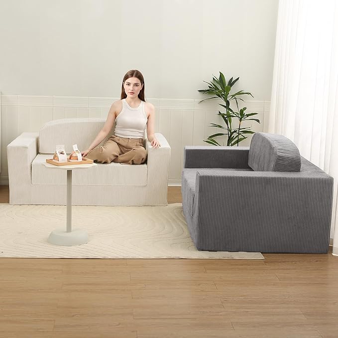 MeMoreCool Convertible Sofa Bed, Pull Out Loveseat Sleeper Sofa, Small Boneless Cloud Couch Bed for Adults, Fold Out Foam Love Seat Grey, Corduroy Folding Floor Couch for Bedroom