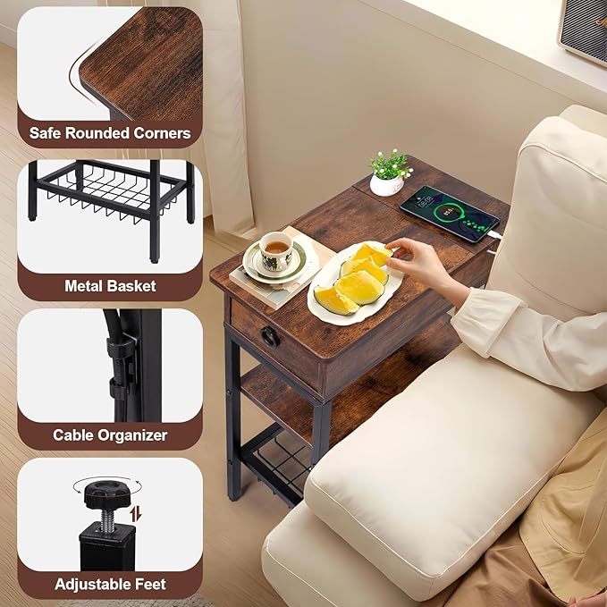 Skinny End Tables with USB Ports and Outlets for Living Room, Slim Nightstand with Charging Station for Bedroom,Chair Side Table with Storage for Small Spaces,Rustic Side Table Recliner