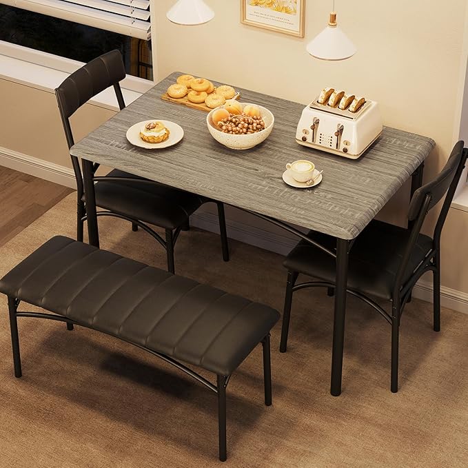Garvee Dining Table Set for 4, Kitchen Table with Upholstered Bench and 2 Chairs, 4-Piece Wooden Dining Table Set for Apartment, Dining Room, Small Space, Gray
