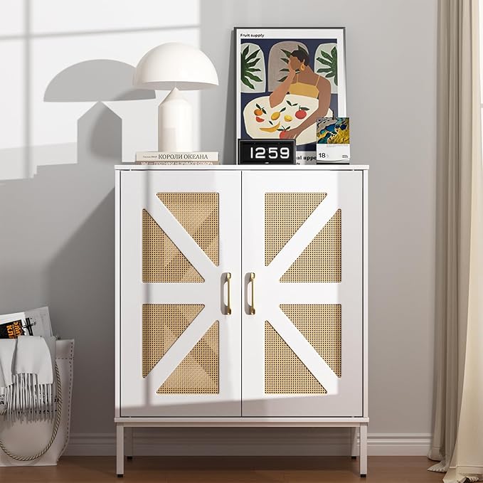 Buffet Cabinet with Storage Sideboard Accent Modern Credenza with Doors & Shelves 32.9" Tall Media Console Mid Century Coffee Bar Table for Living Room Kitchen Dining Room Hallway，White
