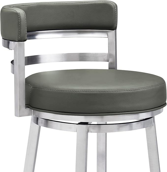 Armen Living Titana 26" Counter Height Swivel Grey Faux Leather and Brushed Stainless Steel Bar Stool