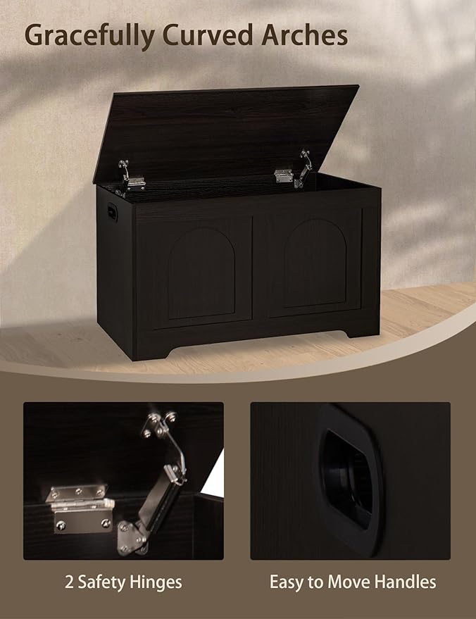 DINZI LVJ Storage Chest, 31.5”Wooden Toy Box with 2 Safety Hinges, Entryway Storage Bench with Flip-Top, Sturdy Storage Trunk for Living Room, Bedroom, Easy Assembly, Espresso