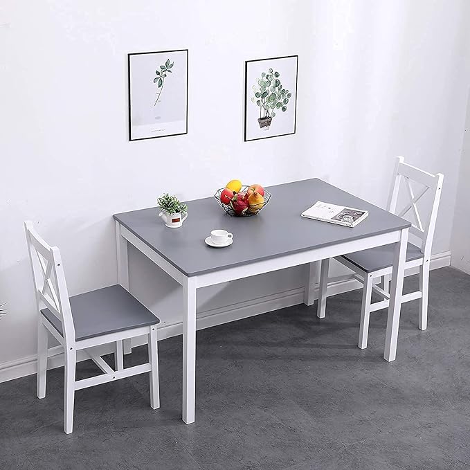soges Dining Table Set for 4, 42.5 inch Pine Wood Dining Room Table with 4 Chairs, 5-Piece Kitchen Table Chairs Set for Small Space, Apartment, Dinette, Breakfast, White and Grey