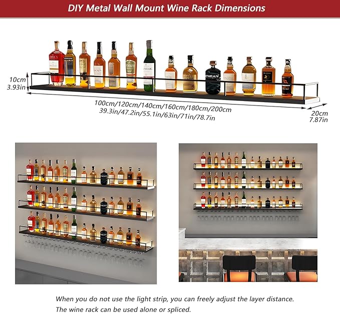 63in Wall-Mounted Metal Wine Rack with LED Lights 3-Tier Floating Bar Shelves with Wine Glass Rack Large Wine Bottle Display Rack Hanging Shelf, for Home Bar Dining Room Decorative (Gold, 160cm/63in)