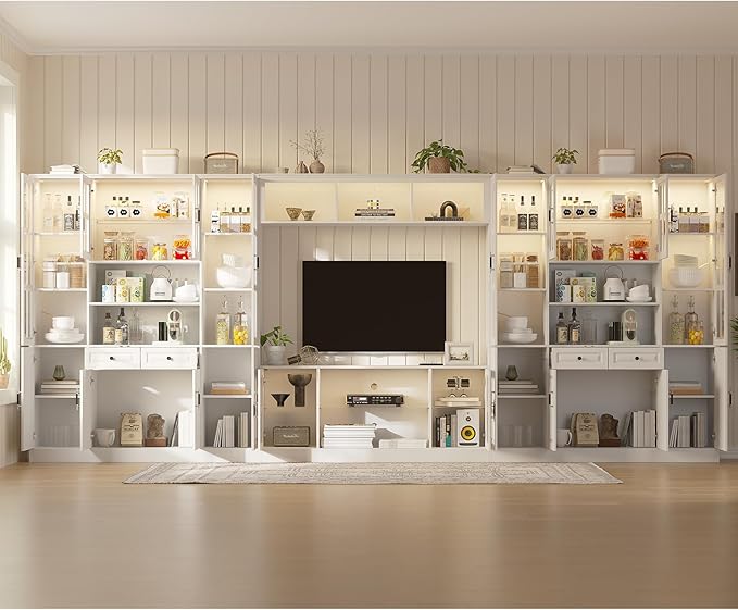 4-Piece Wall Unit TV Stand with Storage & LED Lights for TVs up to 75", Modern Entertainment Center with Bookshelves & 8-Door Pantry Cabinet, White