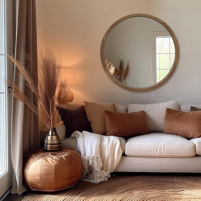 36" Bathroom Mirror, Round Wall Mirror with Wood Frame, Farmhouse Mirror for Wall Decor, Wall-Mounted Mirror for Bedroom, Living Room, Brown