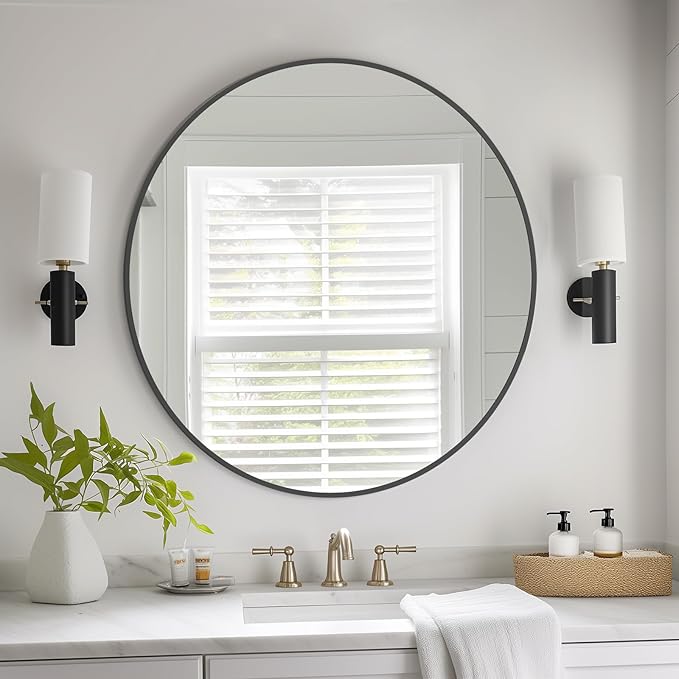 HOMECOOKIN Round Wall Mirror 28" Black Circle Mirror for Bathroom with Metal Framed, Round Gold Mirror for Wall Decor, Vanity, Entryway Living Room