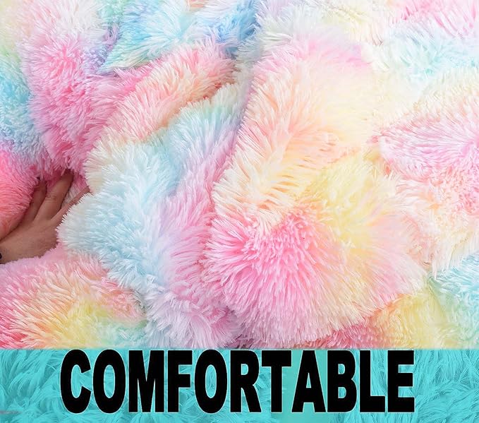 Fluffy Bean Bag Chair, 3FT Round Memory Foam Filled Bean Bag for Teens & Kids, Ultra Soft Faux Fur Fabric Bean Bag Chairs for Playroom, Living Room, Bedroom, Rainbow