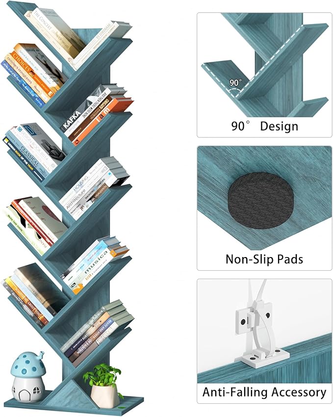 10 Tier Tree Book Shelf, Floor Standing Wood Bookshelf for Narrow Space, Storage Organizer Bookshelves for Books/CDs/Magazine, Bookcase with Shelves for Home Office, Living Room - Blue