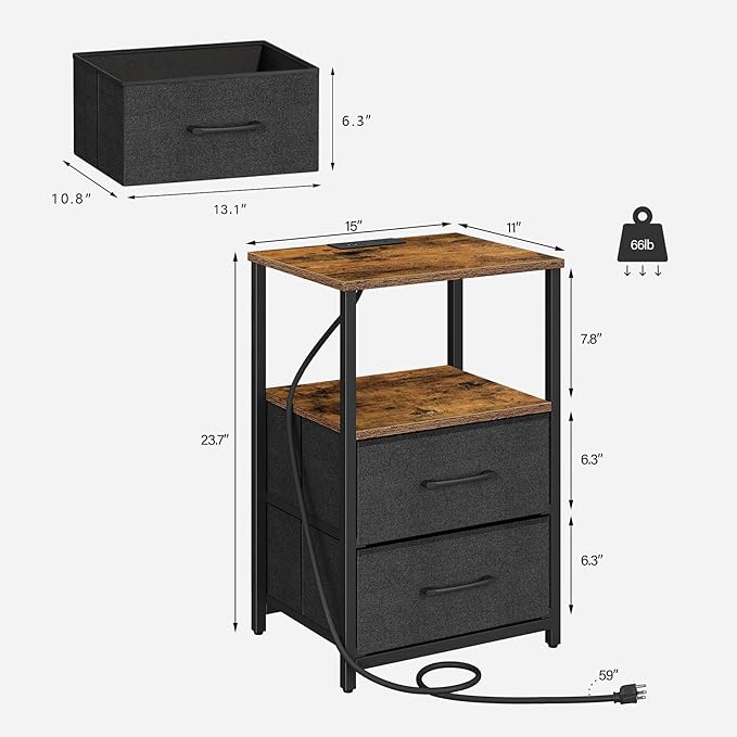 TUTOTAK End Table with Charging Station, Side Table with 2 USB Ports and Outlets, Nightstand with Cloth Drawer, Set of 2, Couch Table, Brown and Black TB01BB052K