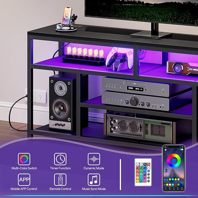 HOOBRO LED TV Stand with Charging Station, 4-Tier Entertainment Gaming Center, Modern Media Console Table, Open Shelves, 55.1"L x 13.8"W x 26.2"H, for TVs up to 65", for Living Room, Black BB47UDDS01