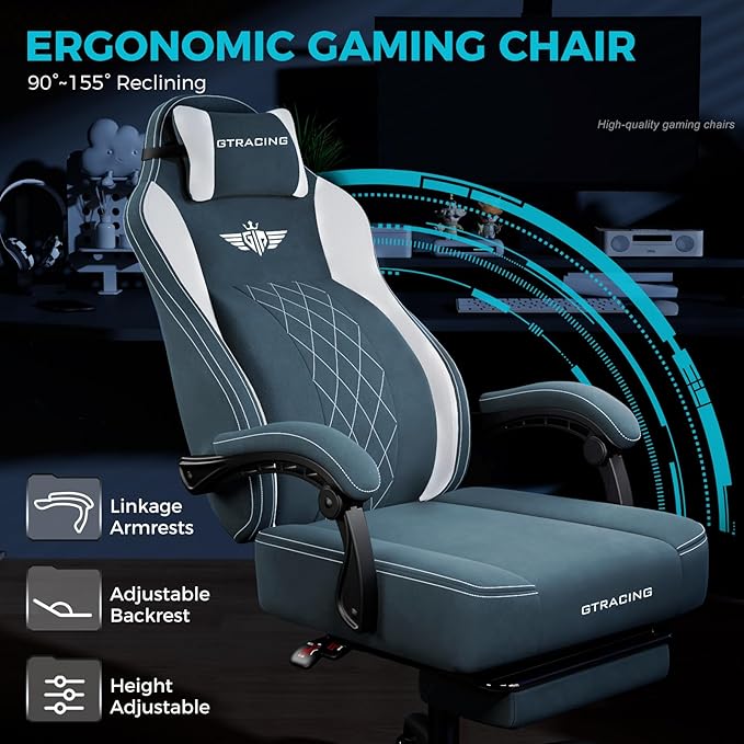 GTPLAYER Big and Tall Gaming Chair Breathable Fabric Computer Chair with Strong Lumbar Support, Comfortable Office Chairs with Pocket Spring Cushion, High Back Ergonomic Desk Chairs with Footrest
