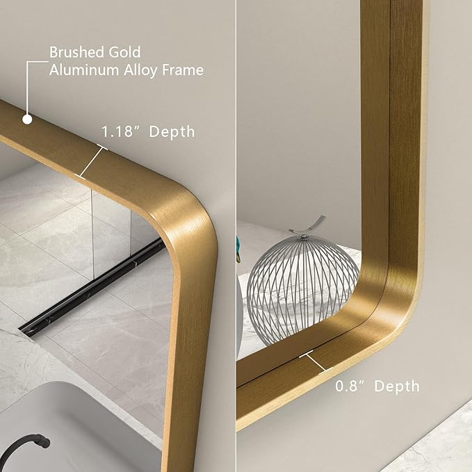 55x40 Inch Gold Bathroom Mirror, Brushed Metal Frame Gold Vanity Mirror, Large Rectangle Mirror for Wall, Rounded Corner, Shatterproof, Anti-Rust (Horizontal/Vertical)