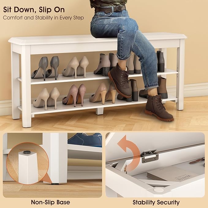 Shoe Rack Bench Seat Rubberwood 2-Tier Wooden Storage Bench 550lbs Compact Mid-Century Modern Design for Entryway, Hallway, Closet, Front Door Entrance, Foyer