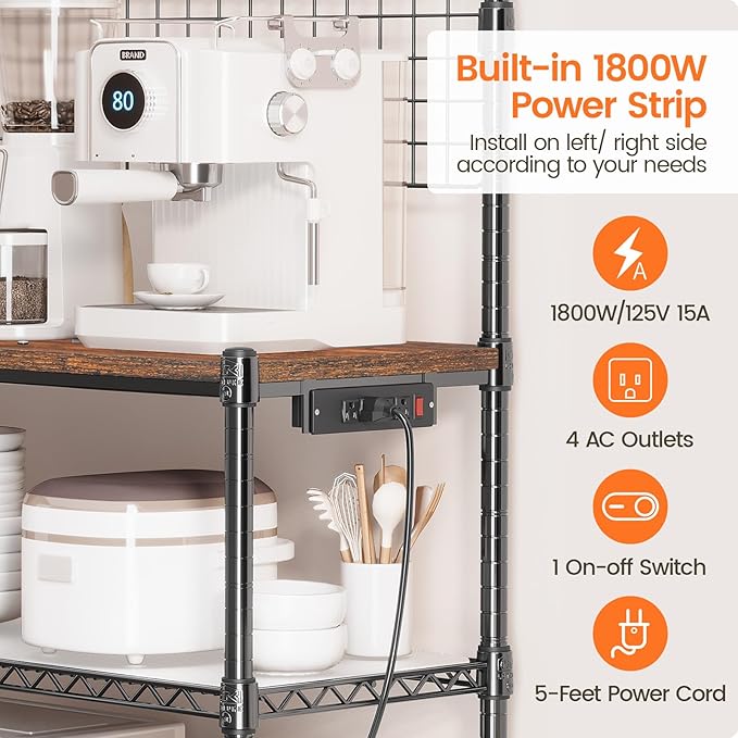 Leteuke Bakers Rack with Power Outlet & Storage, 36 Inch Microwave Stand Kitchen Cart, 4-Tier Metal Kitchen Shelves Cart with Wheels & 20 S-Hooks for Kitchen, NSF Certified, 63 x 18 x 36 Inch-Black