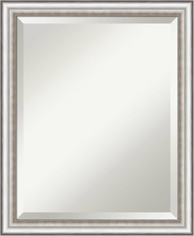 Amanti Art Silver Bathroom Mirror for Over Sink, 23x19 Salon Silver Narrow Rectangle Vanity Mirror, Small Traditional Frame, Hangs Horizonally and Vertically, Bathroom Wall Decor, Beveled Edge