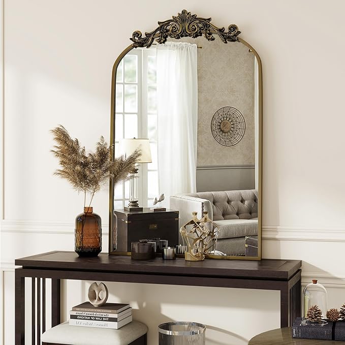Vintage Arched Bathroom Mirror, 24x36 Inch Retro Wall Mounted Vanity Mirror with Carved Pattern Top and Metal Frame, Antique Decorative Mirror for Hanging or Leaning
