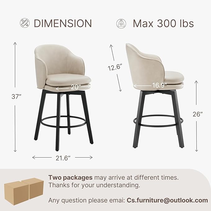 Counter Height Barstools 26 inch Upholstered Swivel Bar Stools with Back and Wood Legs for Kitchen Island,Set of 4,Beige PU Leather