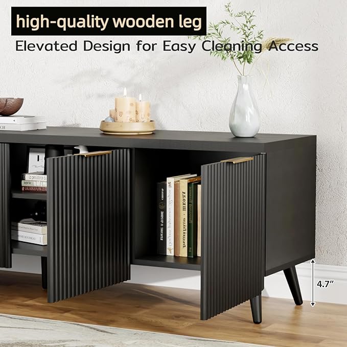 TV Stand for Up to 60" TVs, Modern Entertainment Center with 4 Cylindrical Stripe Doors, Media Console Table with Solid Wooden Legs, Modern TV Stand for Living Room, Bedroom, Black