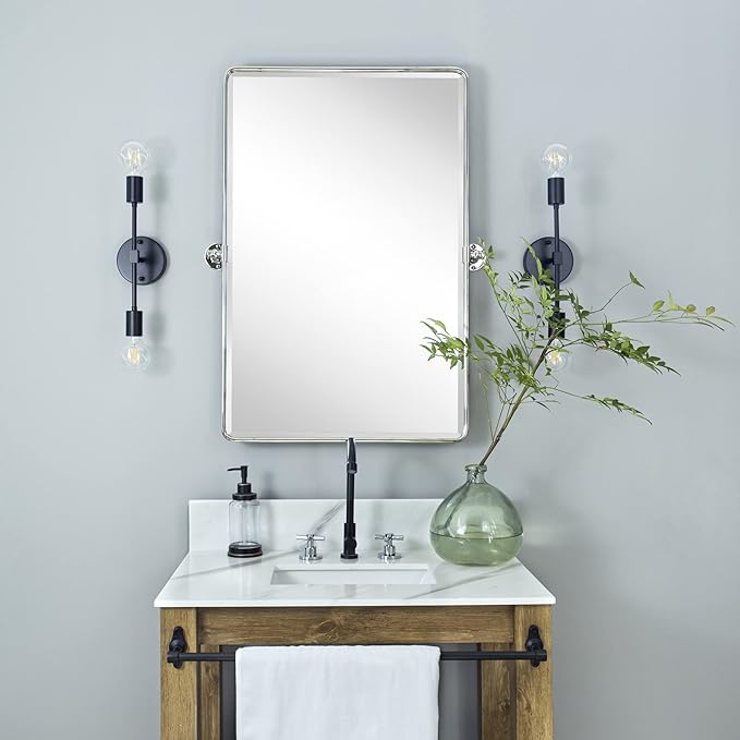 TEHOME 27 x 35'' Farmhouse Chrome Metal Framed Pivot Rectangle Bathroom Mirror Tilting Beveled Vanity Mirrors for Wall
