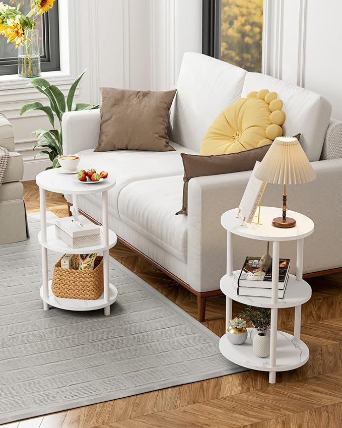 Small Round Side Table - 3-Tier Oval Accent Table for Small Spaces, Rustic Wood and Metal Couch End Table, Nightstand for Bedroom or End Table Living Room, Set of 2, Marble White