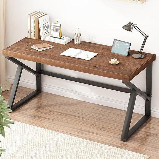 IBF Solid Real Wood Large Computer Desk, 60” Rustic Natural Home Office Desk, Long Industrial Writing Desk for Living Room, Metal Wooden Executive Computer Table, Brown, 60 Inch