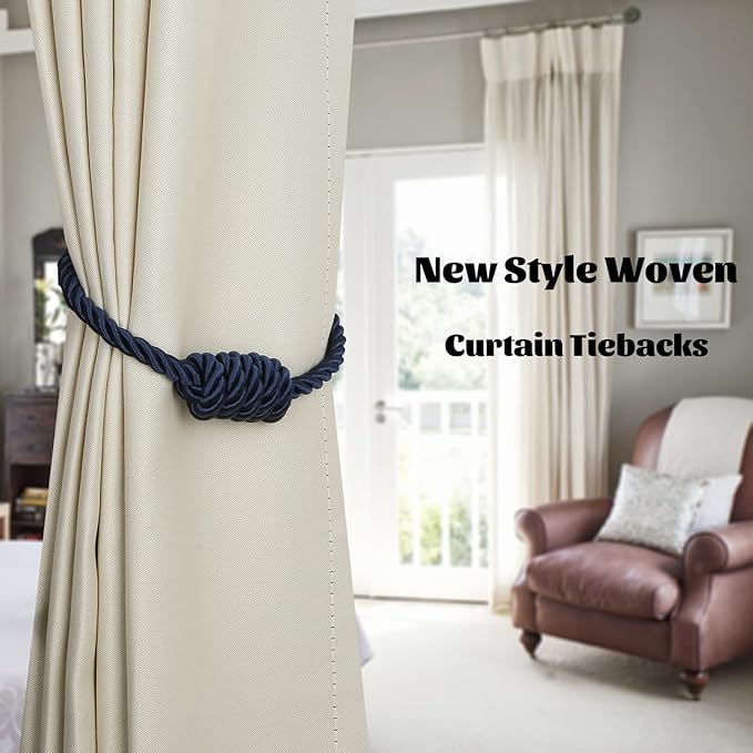 BEL AVENIR Magnetic Curtain Tiebacks, Decorative Drapery Holdbacks Modern Woven Tie-Backs with Exquisite Knot (Navy, 6 Pack)