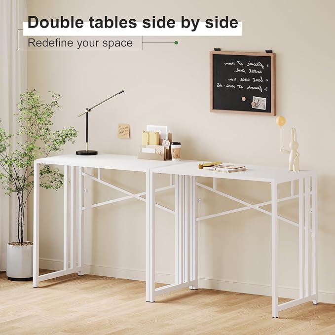 Small Folding Desk 35 inch, No Assembly Required Narrow Office Desk, Writing Gaming Computer Camping Table, White
