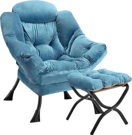 Lazy Chair with Folding Ottoman Modern Large Accent Chair,Contemporary Lounge Leisure Sofa Chair with Armrests Upholstered Sofa Armchair Reading for Bedroom,Dorm & Office(Blue-f)