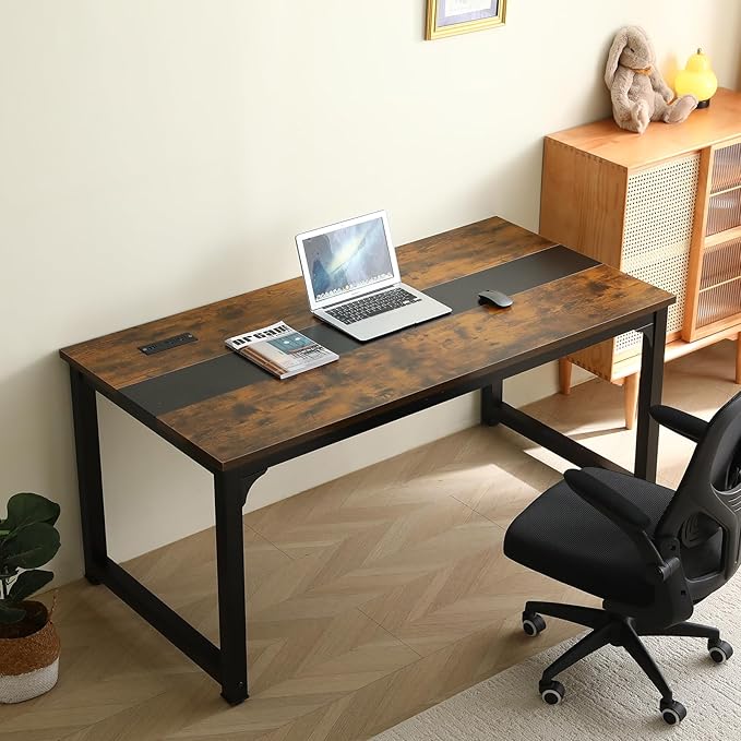 Large Computer Desk - 63 Inch Home Office Desks Study Student Writing Table Gaming Desk Wood Modern Simple Table with USB Ports, Rustic + Black