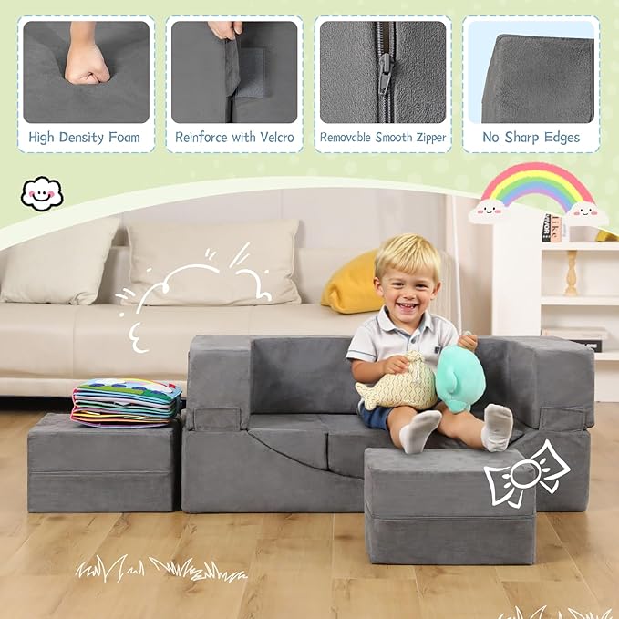 Modular Kids Play Couch, Kids Sofa Toddler Couch, Foam Play Set with Recliner, Toddler Sofa for Creative Boys & Girls, Convertible Foam Climbing Blocks