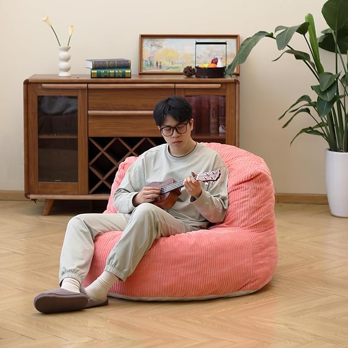 N&V Large Crescent Bean Bag Chair, Adult Size Bean Bag Sack, Foam Filling, Soft Premium Corduroy Bean Bag for Living Room Bedroom Dorm and Office (Salmon)