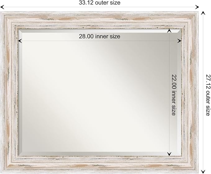 Amanti Art White Bathroom Mirror for Over Sink, 27x33 Alexandria White Wash Rectangle Vanity Mirror, Large Coastal Wood Frame, Hangs Horizonally and Vertically, Bathroom Wall Decor, Beveled Edge
