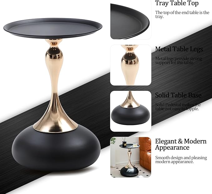 Small Black Round Side Table Pedestal for Small Spaces, Metal Unique End Table for Living Room, Modern Corner Accent Tables Drink Martini Tables
