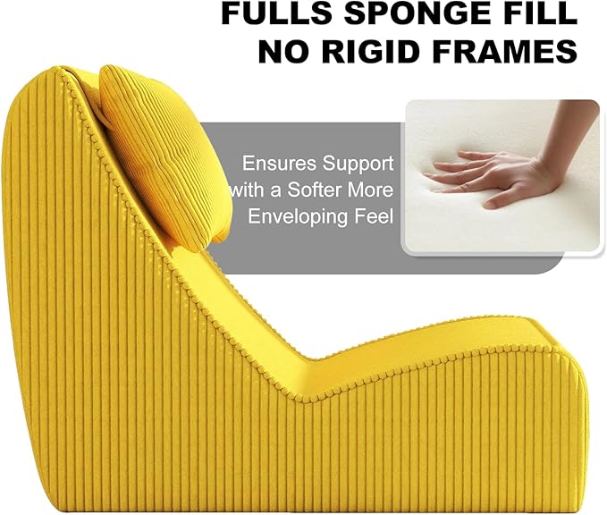 Giant Bean Bag Chair for Adults,Corduroy Chaise Lounge with Unrivaled Back Support, Detachable Neck Pillow, Comfortable Ottoman & Washable Cover for Living Room, Bedroom, Garden (Corn Yellow)
